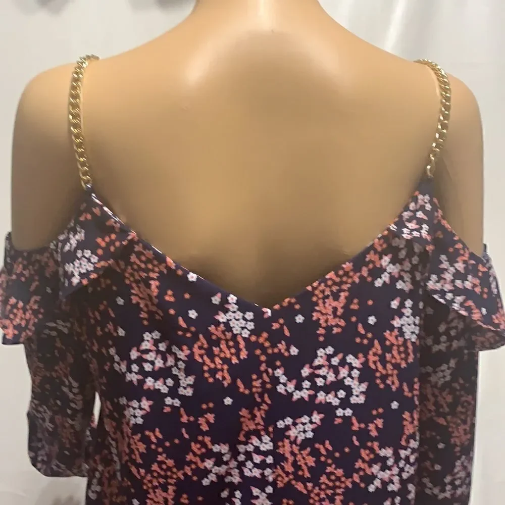 Michael Kors Medium Gold Chain Straps With Cut Out Sleeve V Neck Floral Pattern